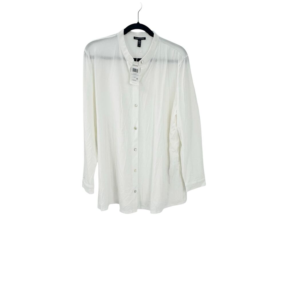 Eileen Fisher Mandarin Collar Shirt Button Cuffs Long Sleeve White Size L NWT